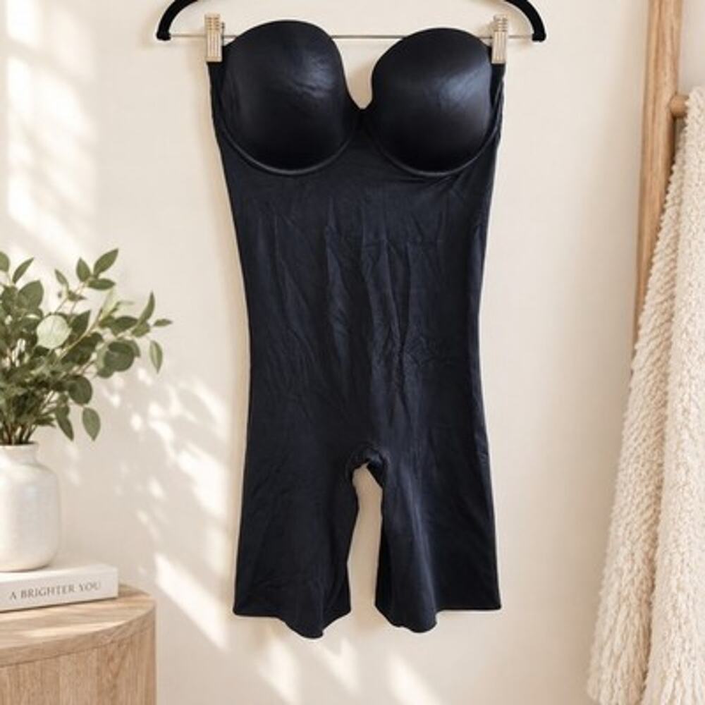 SPANX Sz L Suit Your Fancy Strapless Cupped Mid-Thigh Bodysuit Black Shapewear